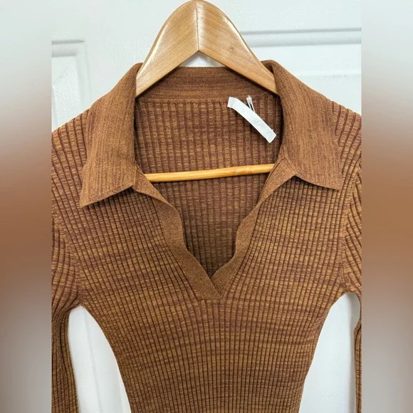 Helmut Lang Womens Dress Small Pecan Marl Stretch Knit Rib Mini Bodycon Designer - Picture 3 of 11